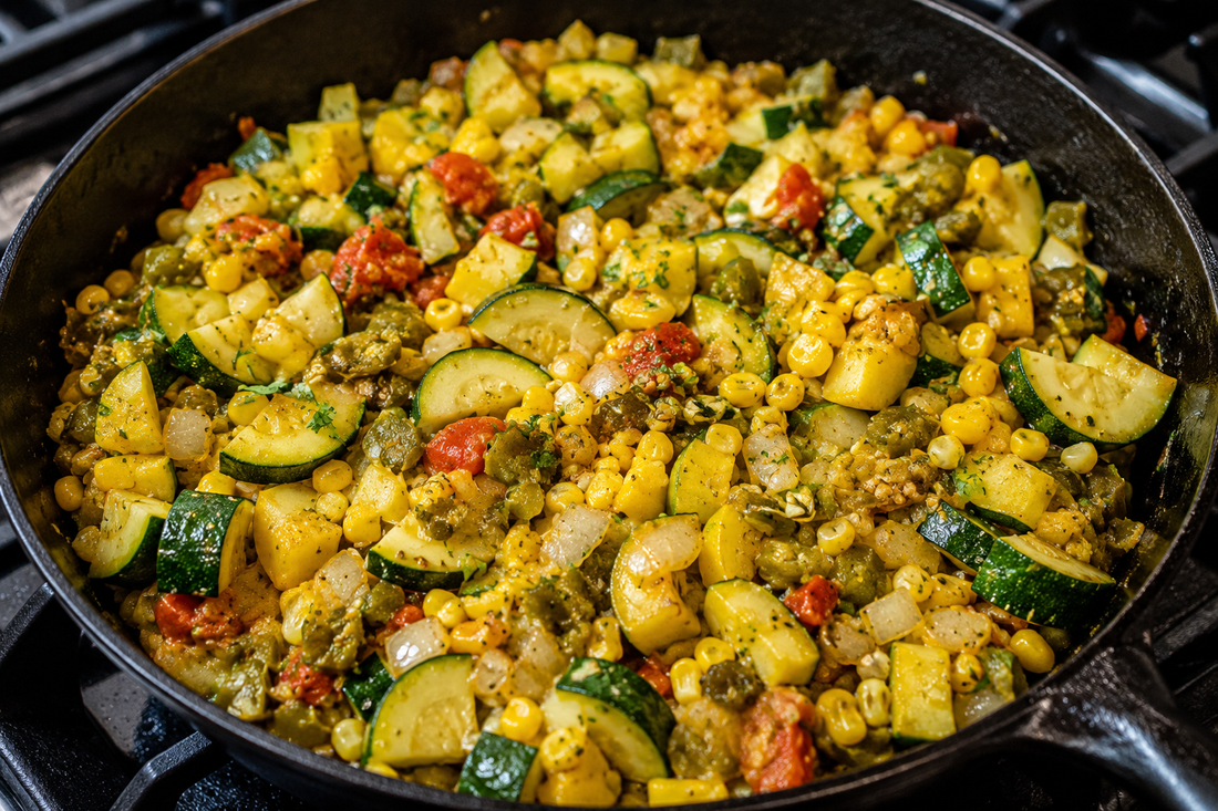 Homemade Calabacitas with Chile Peeler Nation Freeze Dried Hatch Green Chile